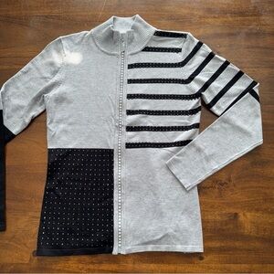 Belldini Black and Gray Stripe Zip Up Mock Neck Knit Sweater Petite Small PS